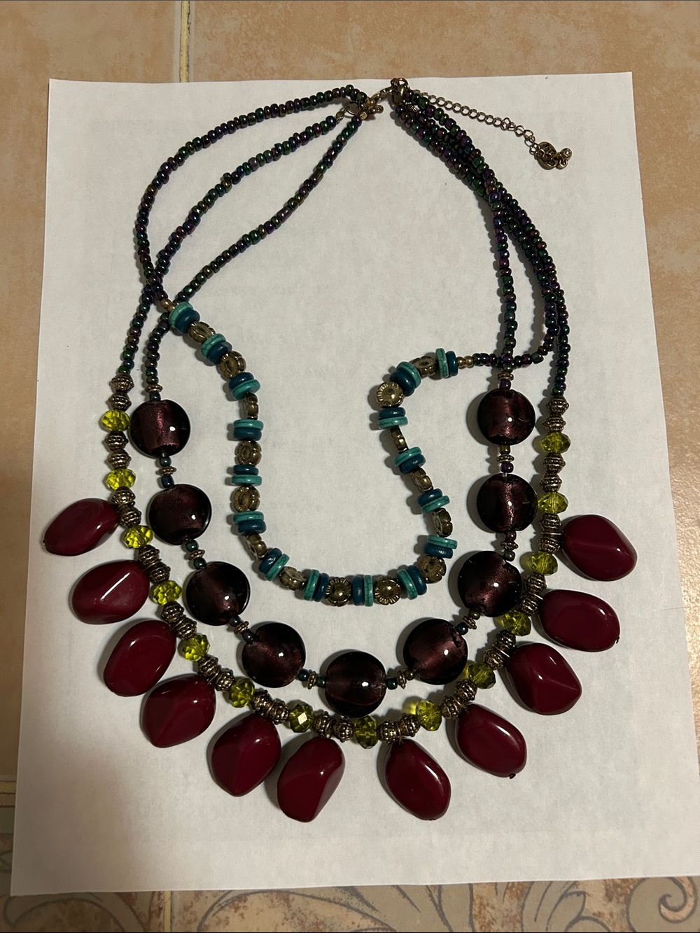 Necklace Multi-Strand with Burgundy Teardrop Beads 20”